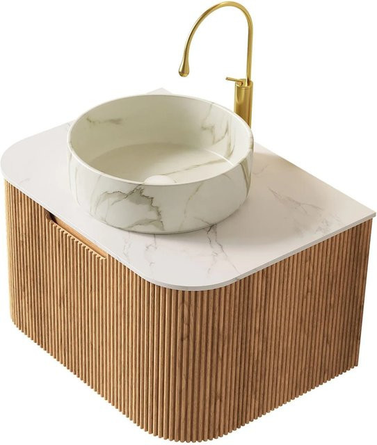 PXloue Badmöbel Waschtisch mit Unterschrank und rundem Glaswaschbecken, Weiß in Holzoptik, Breite: 61 cm - Bild 1