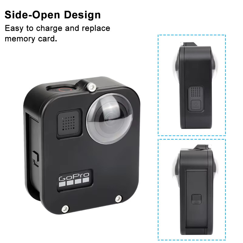 Schutzhülle aus Aluminiumlegierung für GoPro MAX 360 Action Camera inklusive Metallrahmenkäfig, Objektivabdeckung und Displayschutzfolie in Schwarz und Silber - Bild 4