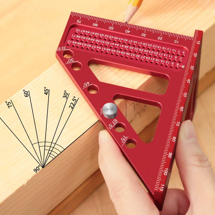 FNICEL 2-in-1 Quadratischer 3D-Winkelmesser mit schnellem Winkelpositionierungs-Dübelstift und Messlineal für die Holzbearbeitung in Rot - Bild 3