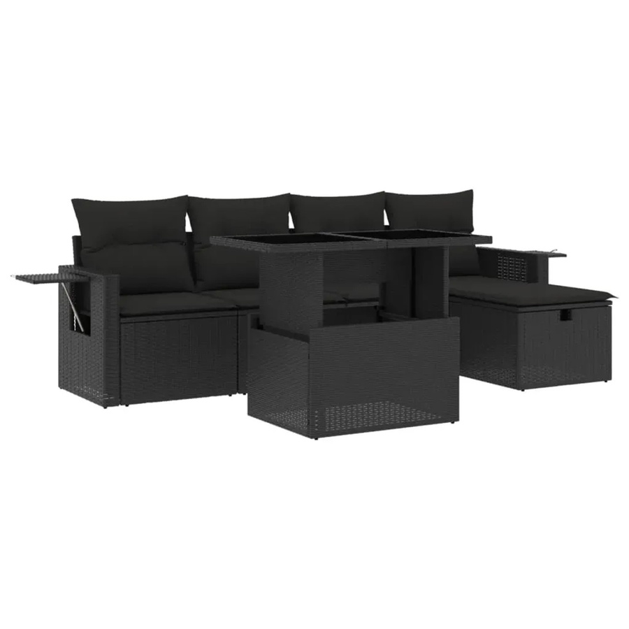 vidaXL 6-tlg Garten-Sofagarnitur in L-Form aus schwarzem Poly-Rattan mit UV-beständigen Polsterkissen und pulverbeschichtetem Stahlgestell - Bild 2