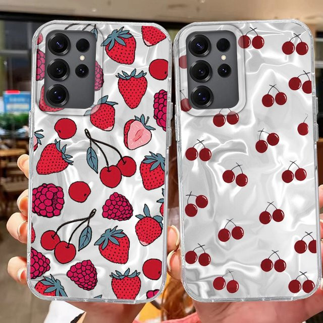 INS Girl Luxus Handyhülle für Samsung Galaxy S26 S25 S24 S23 S22 S21 S20 FE Ultra Plus in Rot mit Erdbeer-Kirsch-Frucht Design aus TPU - Bild 1