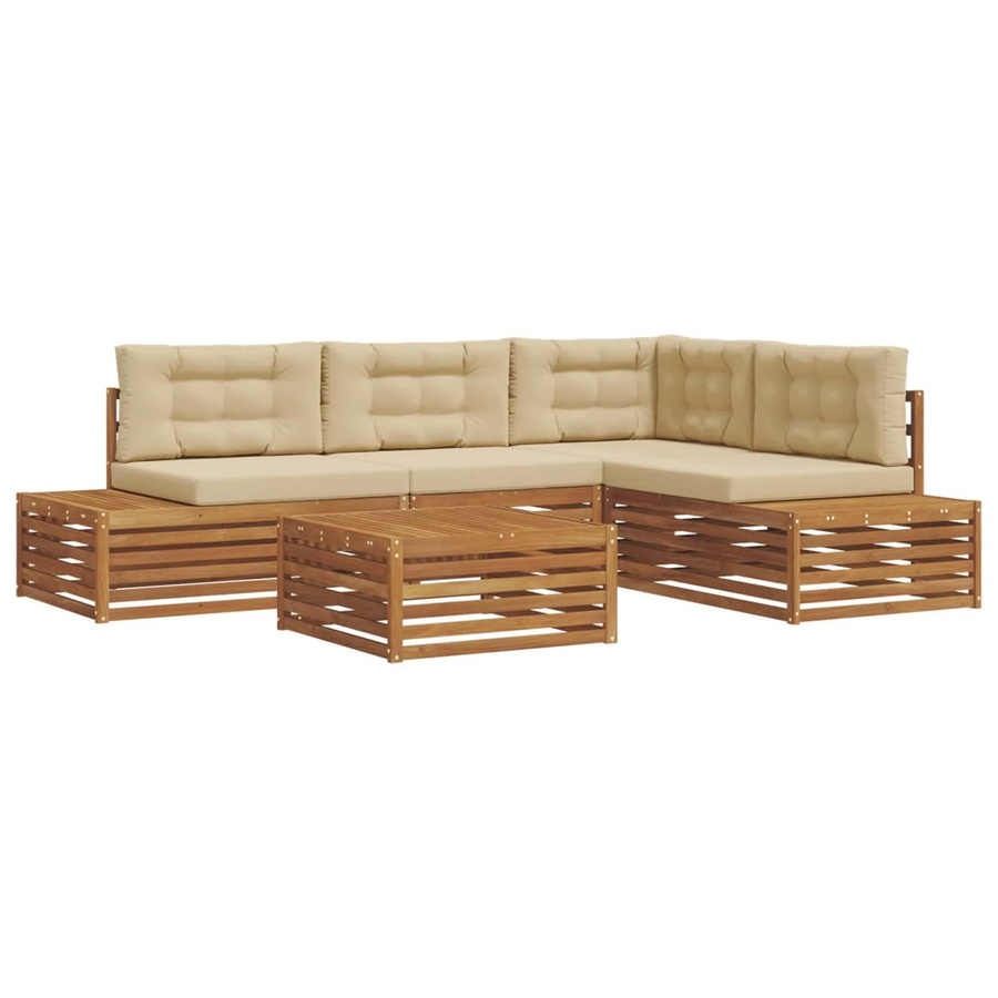 vidaXL Sofagarnitur in L-Form mit 14-teiligem Set aus Akazienholz und Polsterkissen in Natur-Beige - Bild 2