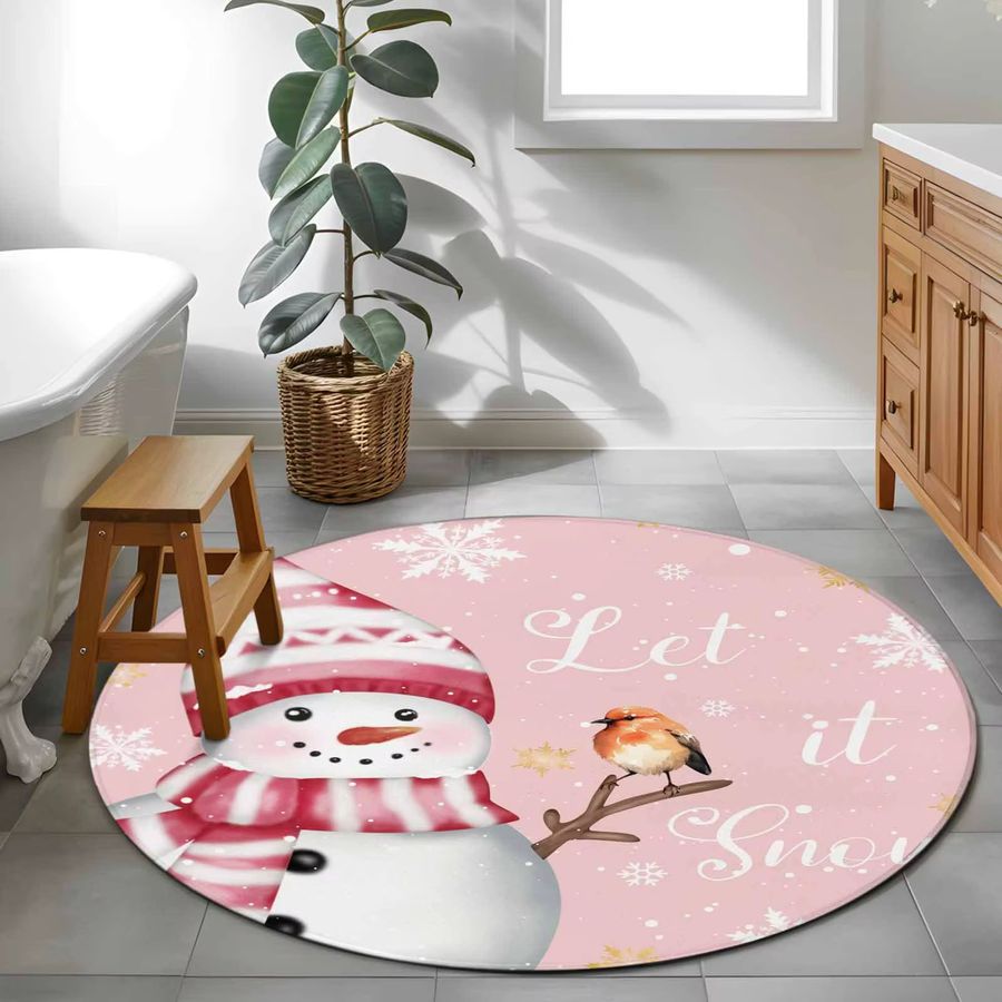 VIKAMA Runder Teppich mit Schneemann-Motiv in Rosa, waschbar und rutschfest für deine Weihnachtsdekoration im Innenbereich - Bild 2