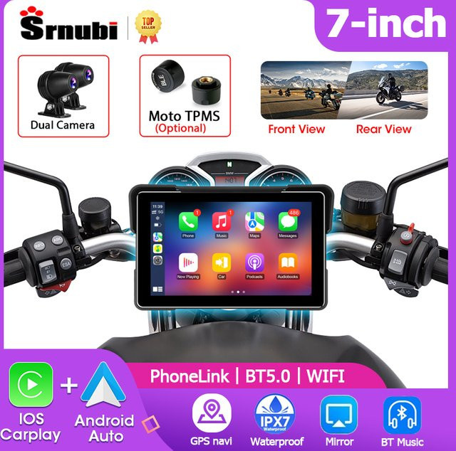 Srnubi 7-Zoll Motorrad-Carplay-Bildschirm mit GPS-Navigation, DVR, Android Auto, Airplay und TPMS in Schwarz - Bild 1