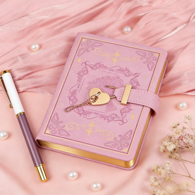 The Password Journal Notizbuch mit antikem Herzschloss und elegantem PU-Ledereinband in Pink oder Lila - Bild 1
