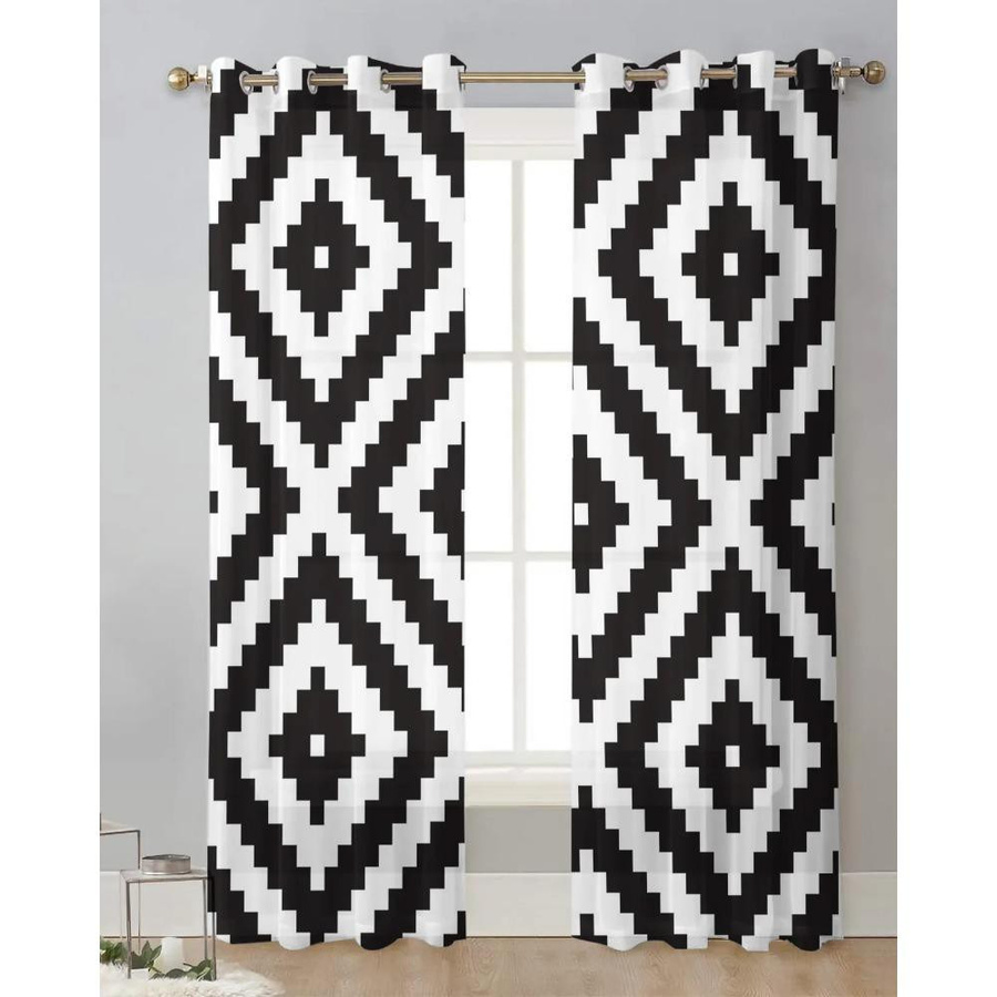 Yiran Furniture Transparentes Voile-Fensterorganza in Schwarz-Weiß mit unregelmäßiger Geometrie, Breite: 135 cm, Höhe: 115 cm - Bild 3