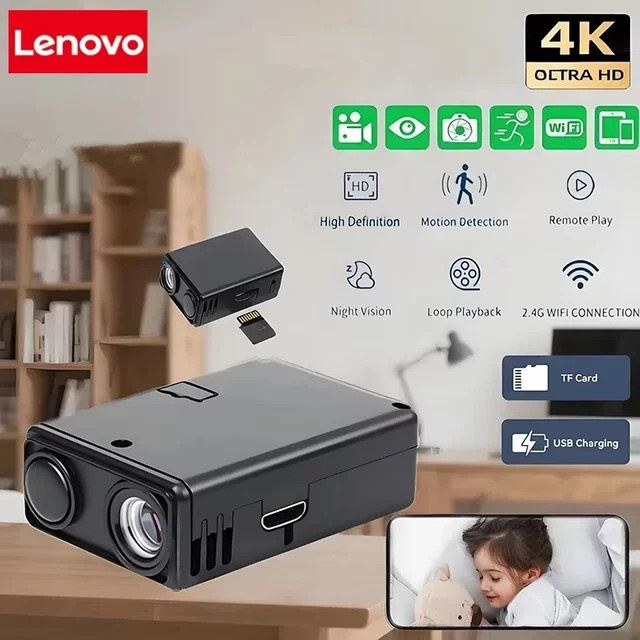 Lenovo Kabellose Mini-WLAN-Sicherheitskamera in Schwarz mit Nachtsicht, Bewegungserkennung und App-Steuerung - Bild 1