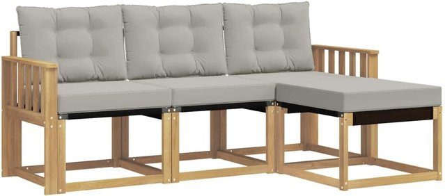 vidaXL Outdoor-Sofagarnitur 4-teilig aus Akazienholz mit Textilene und Kissen in Weiß-Hellgrau - Bild 1