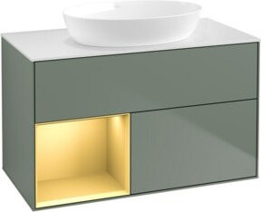 V&B Waschtischunterschrank Finion 100 in Weiß lackiert mit goldenem Regal und Oliven-Details, Breite: 100 cm, Tiefe: 50,1 cm, Höhe: 50,1 cm - Bild 1