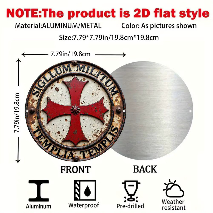 Hello Young Templerorden Mittelalterliches Emblem Metallschild Sigillum Militum Templarii in Rot, runde Aluminium-Wanddekoration im Vintage-Stil, Durchmesser: 20 cm - Bild 3