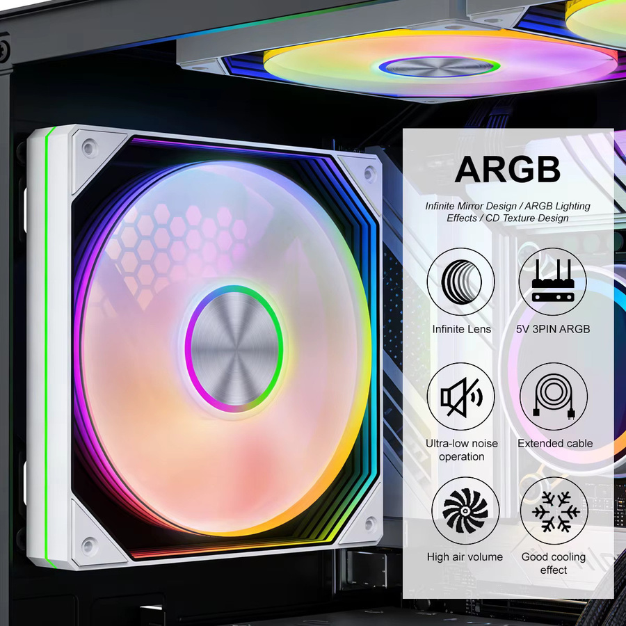 CX FUTRUE ARGB PWM PC-Gehäuselüfter-Set in Weiß mit Unendlicher Spiegelprisma-Effekt, leise Kühllüfter inklusive Hub und Fernbedienung, 5V 3Pin SYNC für deinen Gaming-Computer - Bild 2