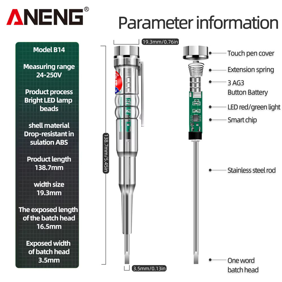ANENG B14 Universal Spannungsprüfer Schraubendreher 24-250V mit induktiver Messung, Kontrollleuchte und Ton-Licht-Alarm - Bild 4