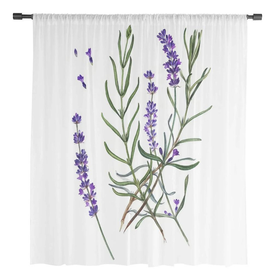 Yiran Furniture Transparenter Tüll-Vorhang mit Lavendel- und Blättermuster in Lila und Grün, Organza-Voile-Drapierung für Wohnzimmer und Schlafzimmer, Breite: 135 cm, Höhe: 115 cm - Bild 2