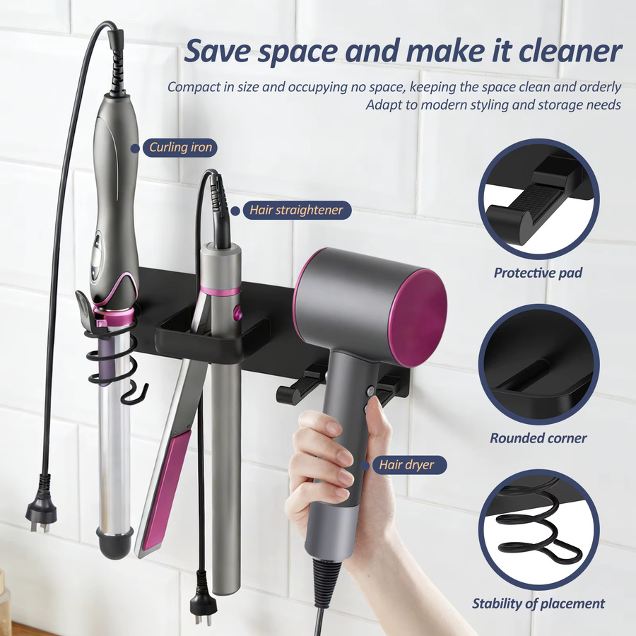 Everso 3-in-1 Haartrocknerhalter aus Metall für die Wandmontage, Universeller Badezimmer-Organizer für Haarwerkzeuge und Lockenstäbe, Schwarz - Bild 3