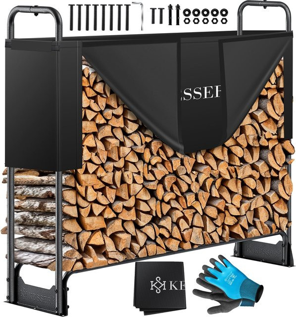 KESSER Kaminholzregal aus Metall in Schwarz mit Abdeckung und Handschuhen, wetterfester Kaminholzunterstand für Garten und Terrasse mit Stahlrahmen - Bild 1
