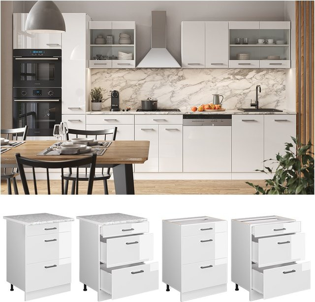 Vicco Küchenunterschrank R-Line Weiß Hochglanz mit Schubladen und Marmor-Optik, Breite: 60 cm, Höhe: 81,6 cm, Tiefe: 31,03 cm - Bild 1