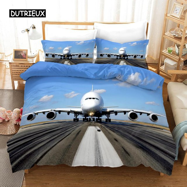 Kinder Bettwäsche Set mit Flugzeug-Print aus Polyester, Blau, B/H: 135 x 200 cm - Bild 1