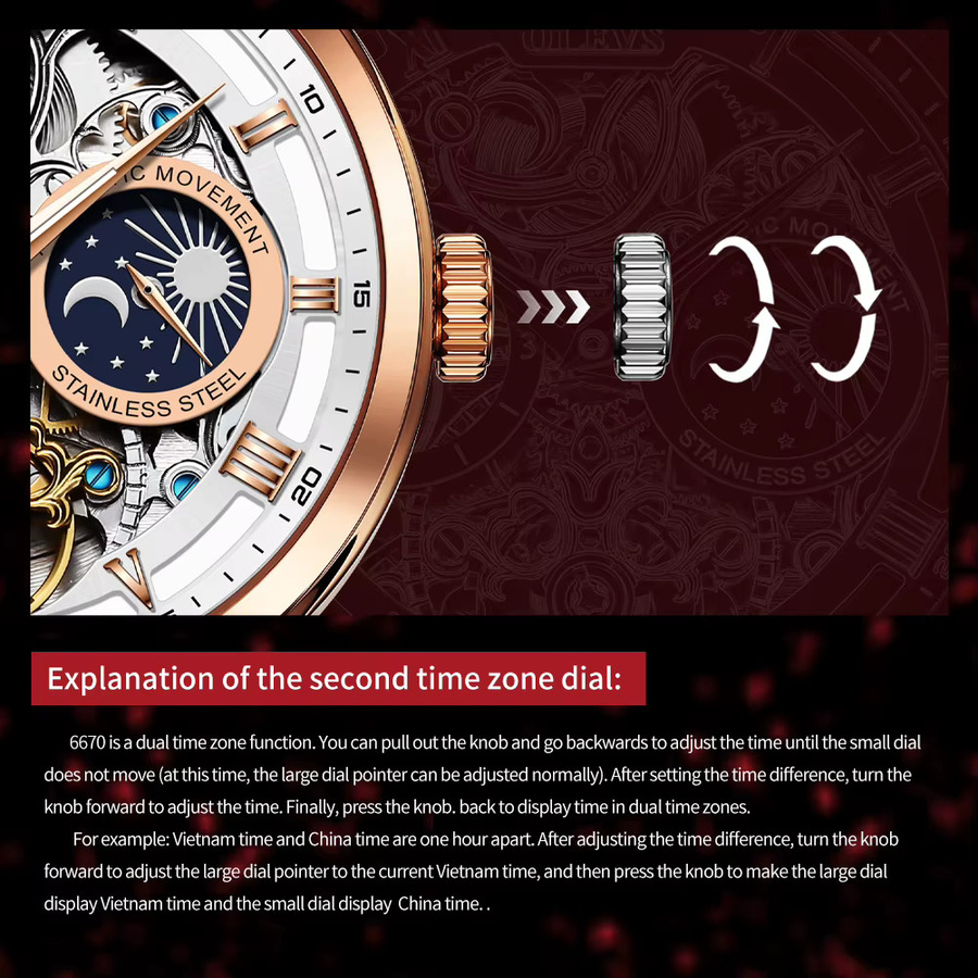 OLEVS Armbanduhr, Automatik, Skelett, Edelstahl, Leder, Herren - Bild 4
