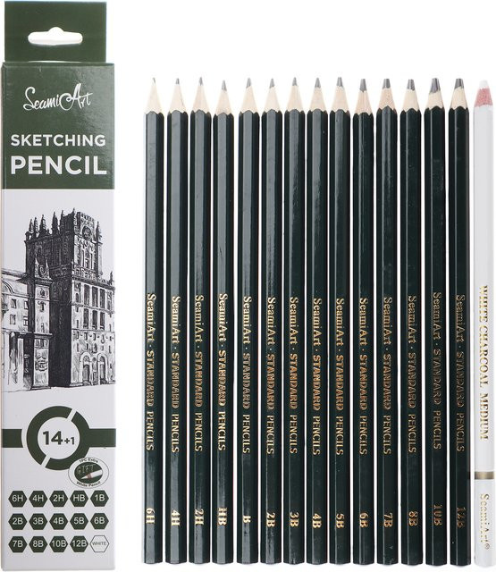 Semi art Profi Zeichenstift Set aus Holz mit 15 Teilen inklusive Graphit und weißer Kohle für Skizzen und Kunstmalerei - Bild 1