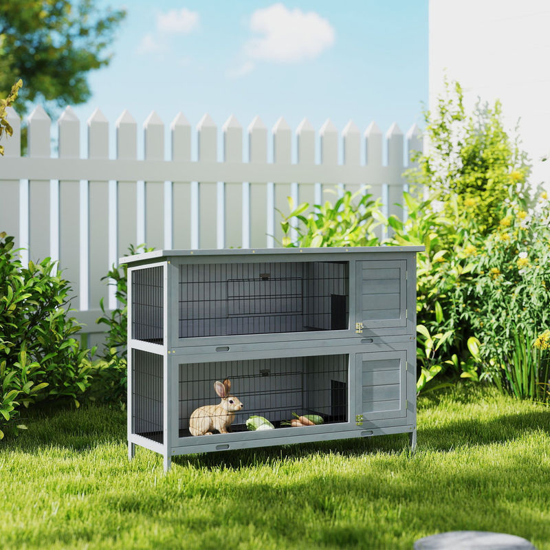 PawHut Hasenstall aus Holz mit 2 Etagen und Asphaltdach, winterfester Kaninchenstall für Indoor und Outdoor, Grau, B/T/H: 136,4 x 50 x 93 cm - Bild 2
