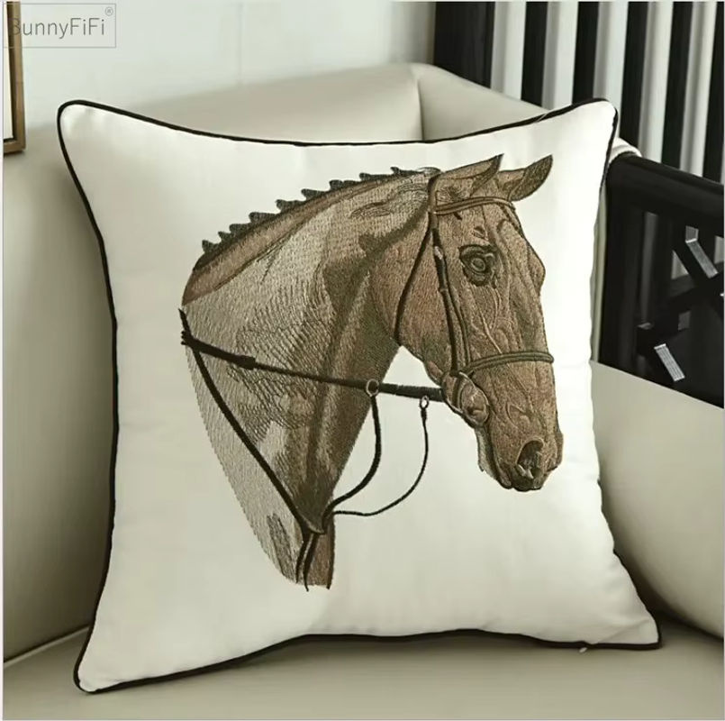 China Art Horse Stickerei Kissenbezug aus Baumwolle und Leinwand mit geometrischem Design, B/T/H: 45 x 45 x 45 cm - Bild 4