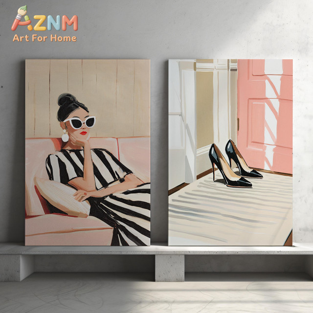 AZNM Leinwanddruck Mid-Century Modern Abstrakte Kunst mit Frau und schwarzen Schuhen in Rosa und Schwarz - Bild 1