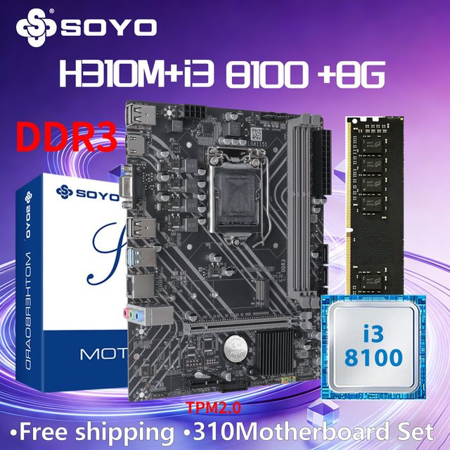 SOYO H310M DDR3 Motherboard Combo Kit mit Intel i3 8100 CPU und 8G RAM, LGA1151 Mainboard in Schwarz - Bild 1