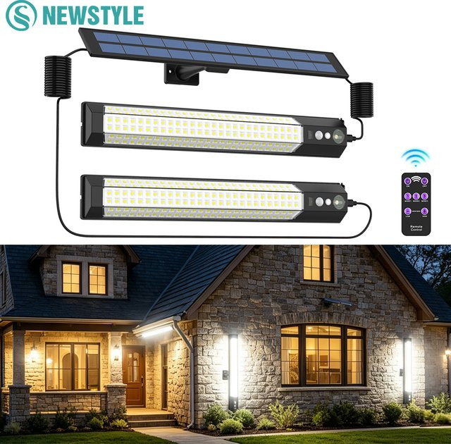 LED Solar-Bewegungssensor-Wandleuchte für den Außenbereich in Schwarz mit Fernbedienung und IP65 Wasserdichtigkeit für Garten und Veranda - Bild 1