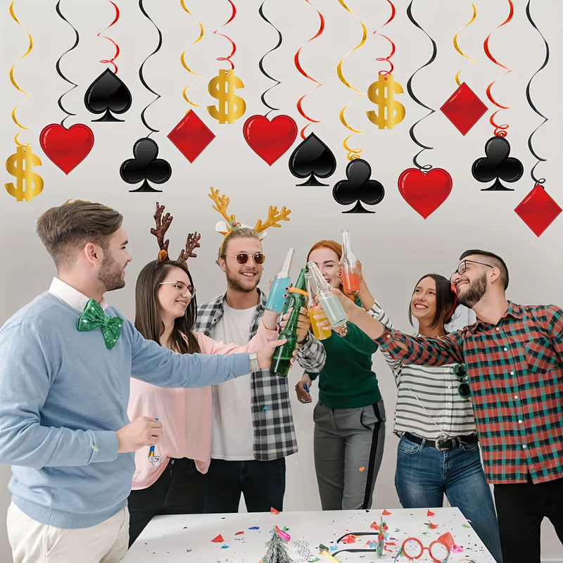 36er-Pack Casino-Partydekoration Las Vegas mit hängenden Papier-Wirbeln in Rot und Schwarz für Poker-Themenpartys - Bild 2
