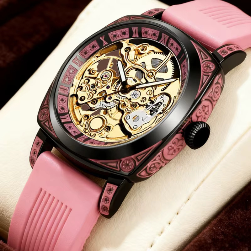 CAROTIF Armbanduhr, mechanisch, Schwarz, Rosa, Silikon, Herren - Bild 4