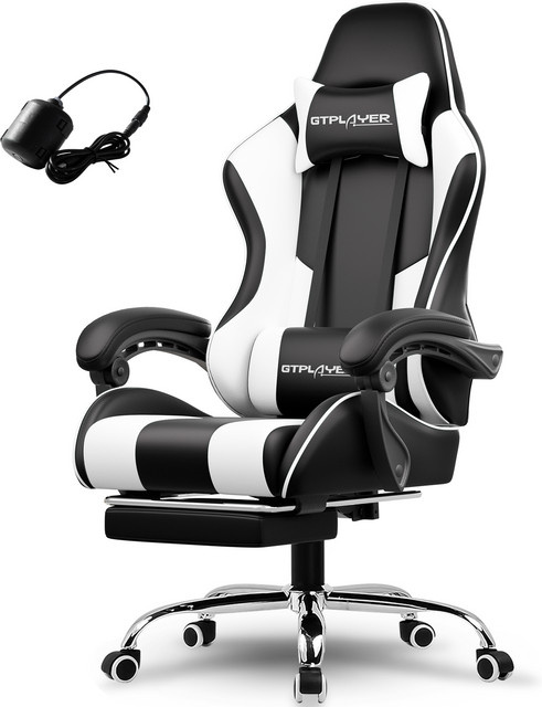 GTPLAYER Gaming Stuhl in Schwarz-Weiß, ergonomischer Gaming Sessel aus Kunstleder mit Massagefunktion, Fußstütze und Kopfstütze - Bild 1