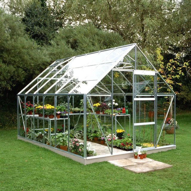 Halls Gewächshaus Universal Set 128 in Silber mit Glas und Aluminium, 9,9 m² inklusive Fundamentrahmen und Regenrinnen - Bild 1