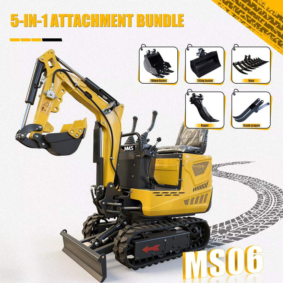 MMS 5-in-1 Mini-Bagger mit Benzinmotor, 0,6 Tonnen, 9,25 PS, Schwenkausleger und Grabenfräse inklusive Anbaugeräten, Farbe: Gelb - Bild 7