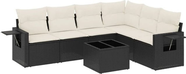 vidaXL 7-teilige Garten-Sofagarnitur in L-Form aus Poly-Rattan in Schwarz mit Kissen und Armlehnen - Bild 1
