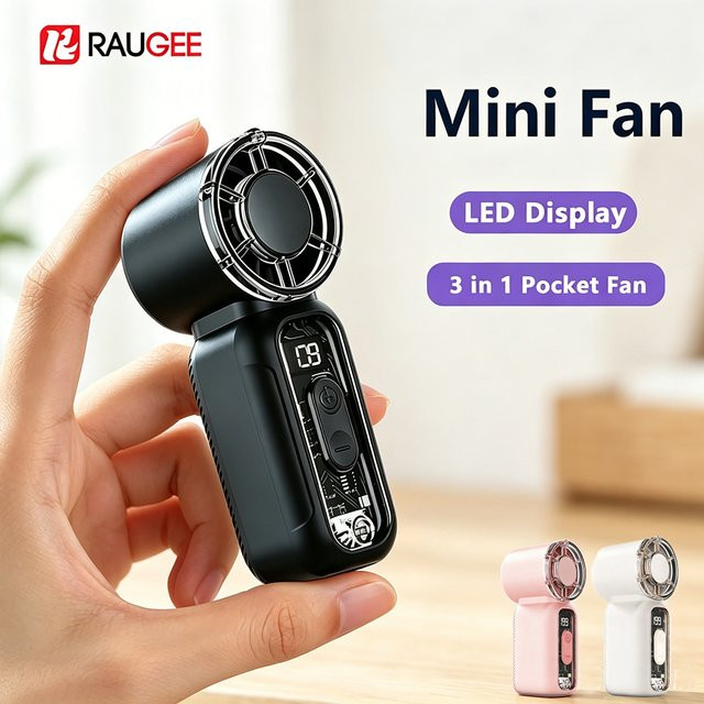 Tragbarer Mini Handventilator von raugee in Schwarz mit Digitalanzeige und USB-Aufladung - Bild 1