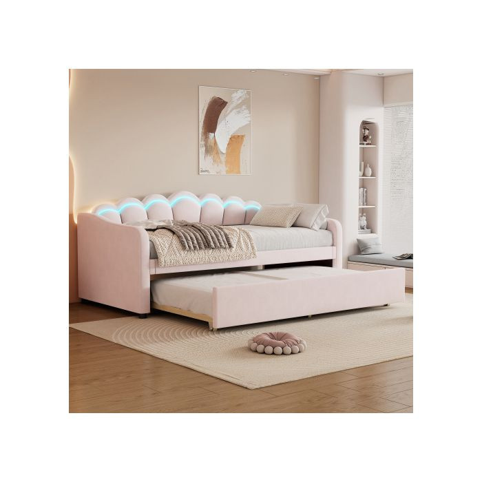 Minimalistisches Tagesbett MUVOE aus Samt in Rosa mit Unterbettbeleuchtung, B/T: 90 x 200 cm - Bild 2