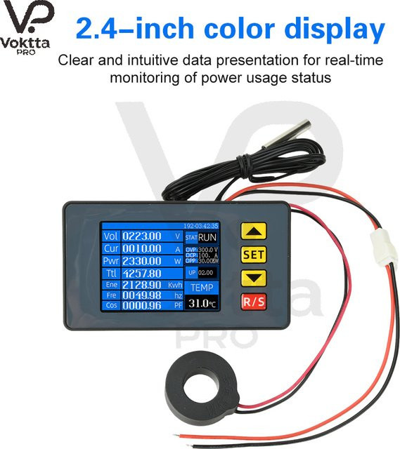 Voktta Multifunktions Monitor mit 2,4 Zoll Farbbildschirm zur Messung von Spannung, Strom und Leistung AC 50-300V inklusive externen geschlossenen Stromwandlern 100A in Schwarz - Bild 1