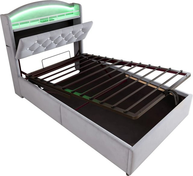 Merax Kinderbett aus Samt mit LED-Beleuchtung, USB-Anschluss und Stauraum, Grau, B/T/H: 90 x 200 x 45 cm - Bild 1