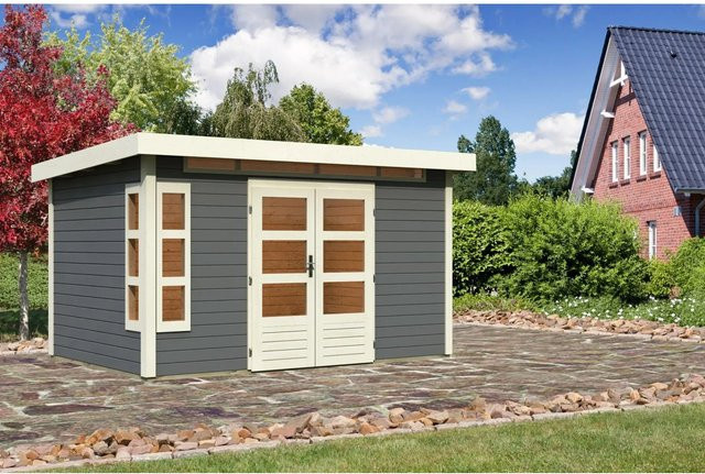 Karibu Holz-Gartenhaus Kastberg mit Flachdach in Terragrau, B: 360 cm, T: 240 cm, H: 222 cm - Bild 1