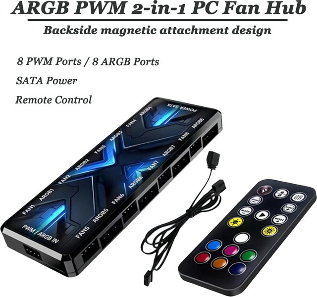 CX FUTRUE ARGB PWM 2-in-1 PC-Lüfter-Hub mit 8-Port-Controller, Fernbedienung und magnetischem SATA-Lüfter-Splitter in Schwarz - Bild 1