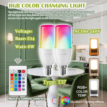 Gatetop RGB LED Lampe E14 mit Fernbedienung, 6W, dimmbar, Multicolour