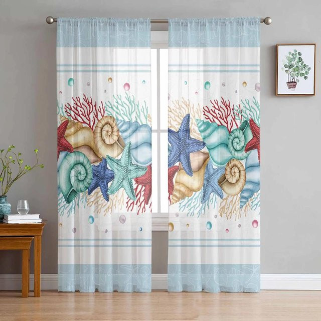 Yiran Furniture Transparente Tüll-Vorhänge mit Marine-Motiv in Blau, 2er-Set, Breite: 135 cm, Höhe: 215 cm - Bild 1