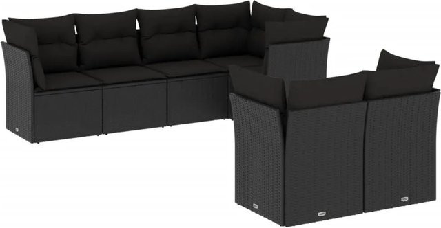 vidaXL 7-tlg Garten-Sofagarnitur mit Kissen aus Poly Rattan in Schwarz - Bild 1