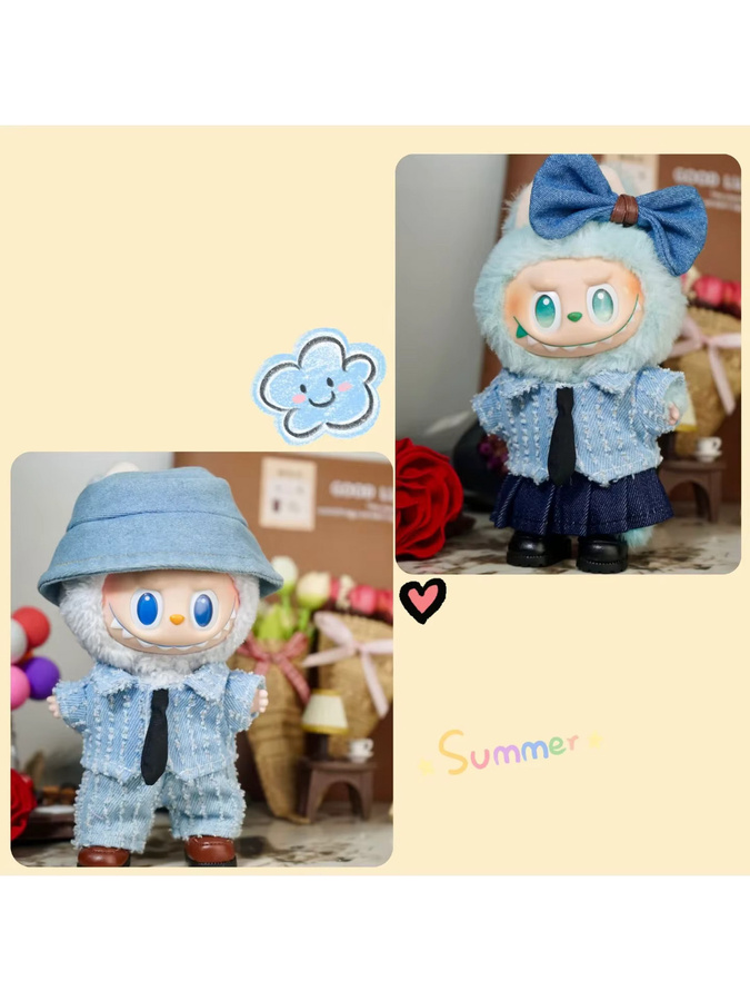 Adoowoo Kleidung Set für Labubu Puppen mit Hut und Schuhen, Blau, Zubehör für 17 cm Puppen - Bild 3