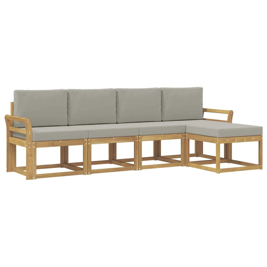 vidaXL Outdoor-Sofagarnitur in L-Form aus Akazienholz, 5-teilig, Weiß, Grau und Braun mit Sitzkissen und Rückenkissen - Bild 2