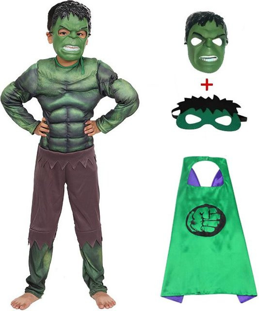 Marvel Superheld Hulk Kostüm Set, Muskel-Overall mit Maske, Umhang & Schild, Schwarz, Grün - Bild 1