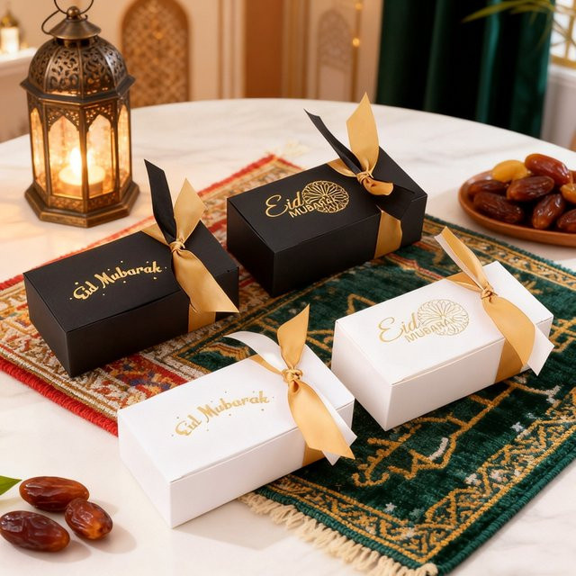 ZQNYCY Eid Mubarak Geschenkboxen mit Band für Ramadan Kareem, weiße Papier-Geschenkboxen für Süßigkeiten und Cookies zur DIY Dekoration für islamische Feste - Bild 1