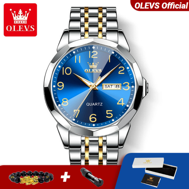OLEVS Armbanduhr Quarz, Edelstahl, Blau, Dual-Kalenderanzeige, Herren - Bild 1