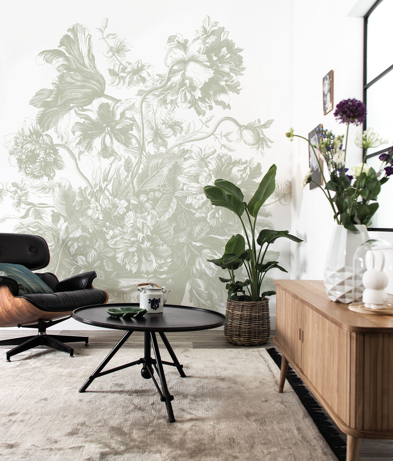 KEK Amsterdam Mural Engraved Flowers Uyterlinde Wandtattoo in Grün und Gold mit floralem Design, Breite: 390 cm - Bild 1