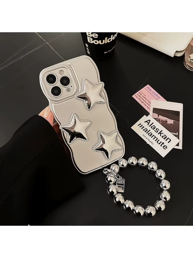 MUQGEW Handyhülle mit 3D Puff Star Design und Armbandkette für iPhone 11 bis 16 Pro Max, silber, stoßfeste Abdeckung - Bild 6